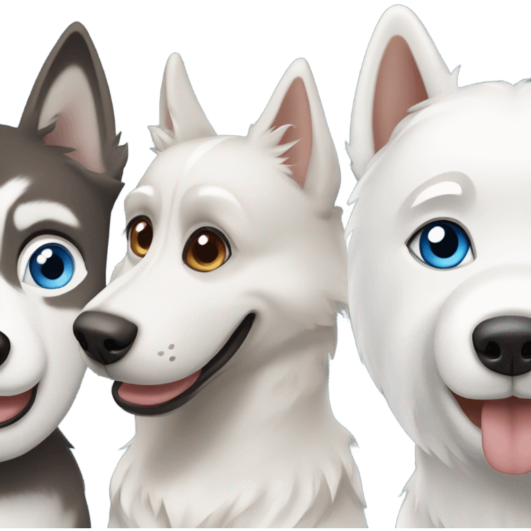 3dog : One. Grey Husky with blue eyes, a beige HUSKY with brown eyes and a white Westies emoji