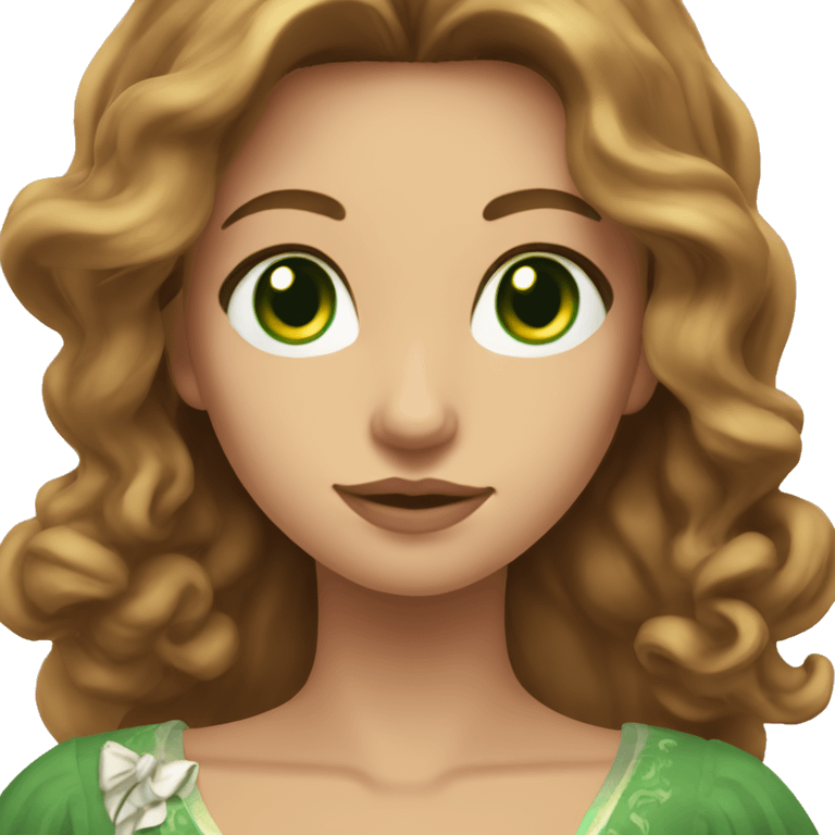 Woman with green eyes, brown long wavy hair, dressed in dress, holding shooting bow emoji