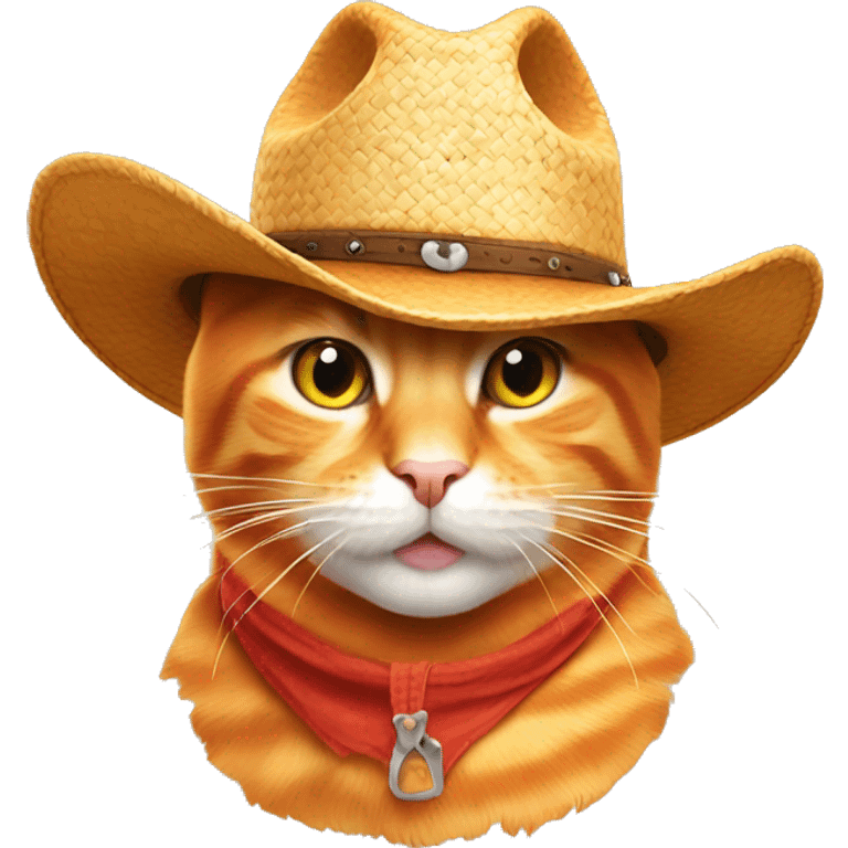 Orange cat wearing a cowboy hat with straw in his mouth  emoji