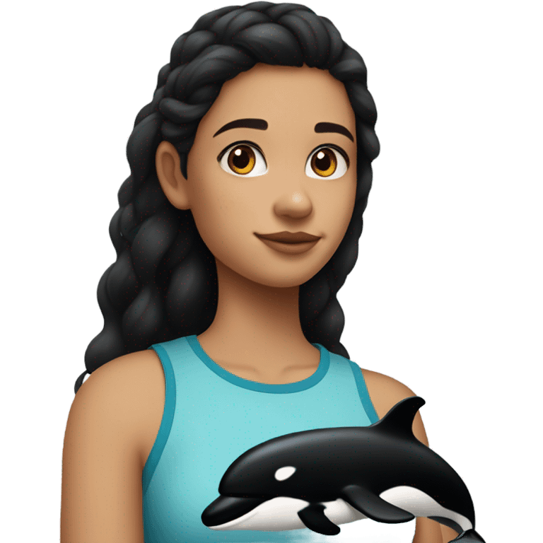 brunette teenager with orca tattoo on upper arm  emoji