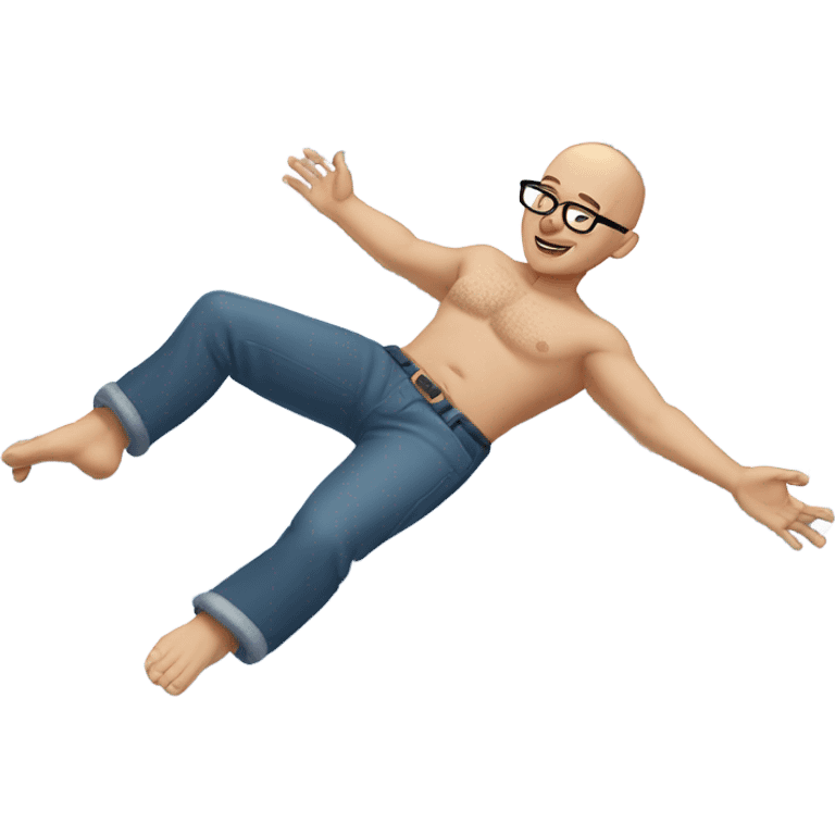 Bare chested bald man wearing glasses making snow angels  emoji