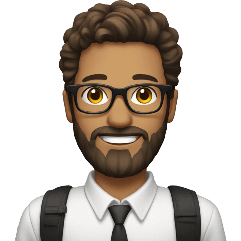 man with black round glasses, smiling, brown hair and beard and a side swept hairstyle, holding a cell phone emoji