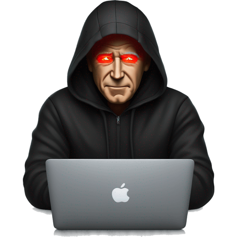 joe biden in a black hoodie with bright red glowing laser eyes typing on a macbook, joe biden, black hoodie, bright red glowing eyes, typing on macbook emoji