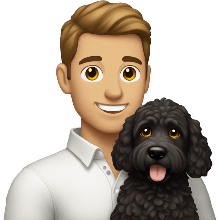 clean-shaven straight-haired brunette man holding black labradoodle emoji