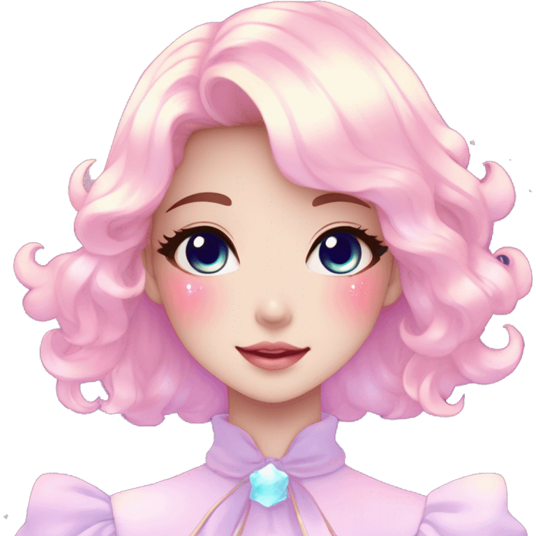 Gorgeous pastel anime style lady blushing nebula-gradient-sparkle face dreamy idol model colorful shiny stars galaxy kawaii cottagecore pearly petite simplistic aesthetic trending style emoji