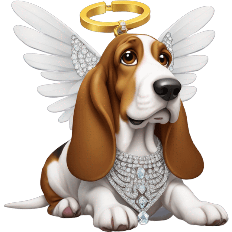 Elderly Basset hound with angel wings, wearing a large letter D bling necklace sat in a meadow  emoji