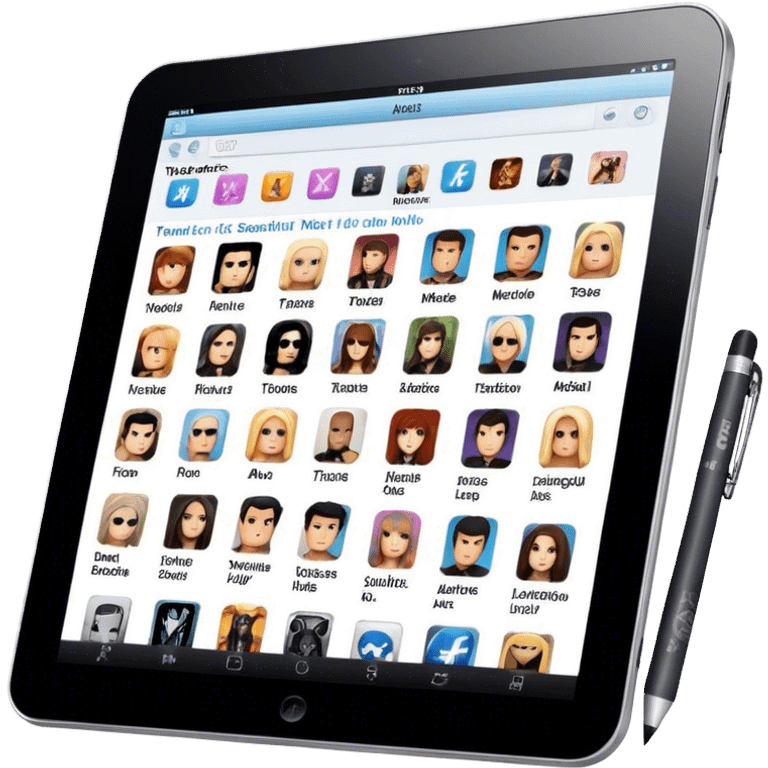 Create an emoji representing fanfiction writing. The design should feature a tablet with a screen displaying images of rock and movie stars, symbolizing the inspiration from popular culture. Next to the images, there should be visible text representing the fanfiction being written. A stylus should be placed near the tablet to emphasize the act of writing. Use a creative and expressive color palette with vibrant and neutral tones. Do not include any emojis or smiley faces. Make the background transparent. emoji