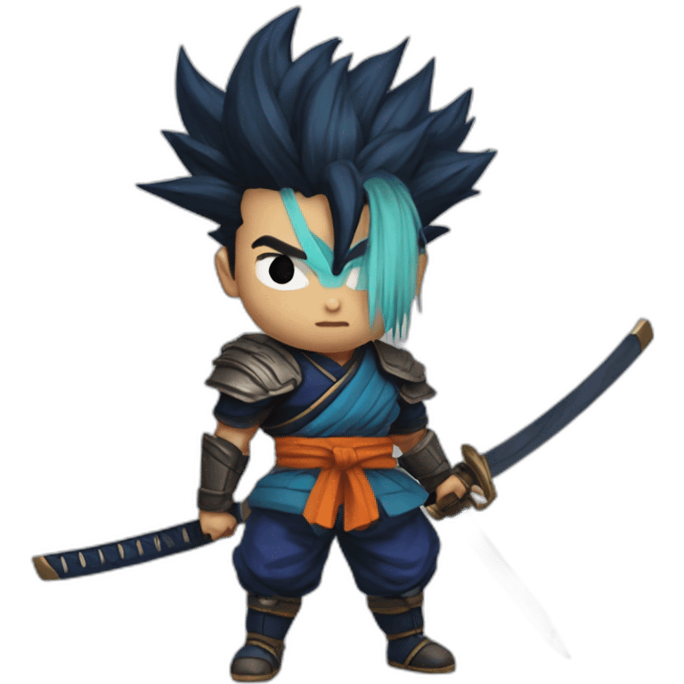 yasuo from league of legend in the dragon ball z style with color with a tied hair and a katana emoji