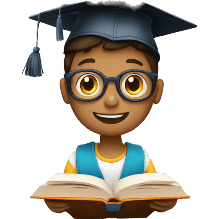 a smart boy reading book with graducation hat emoji