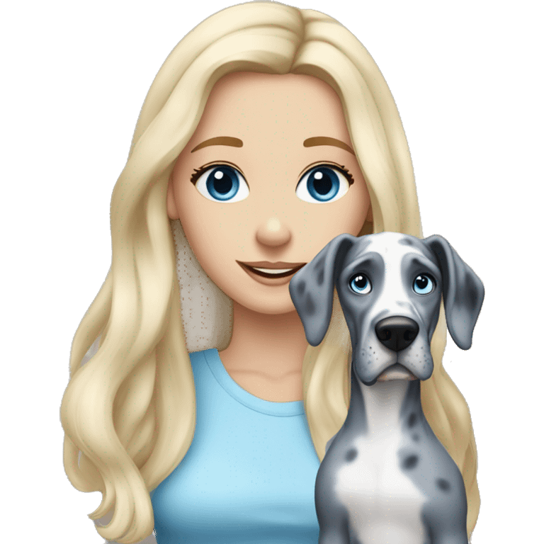 Blonde girl with blue eyes and long hair with a blue merle great dane dog emoji