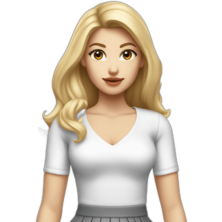 hyperrealist caucasian long blonde brown eyes woman white top gray mini tight skirt black high heels emoji