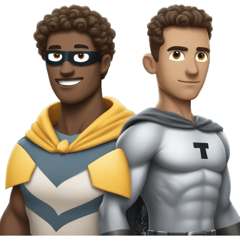 curly brown hair man and pigeon man with letter 'T' on the chest crossover into   single superhero character. emoji