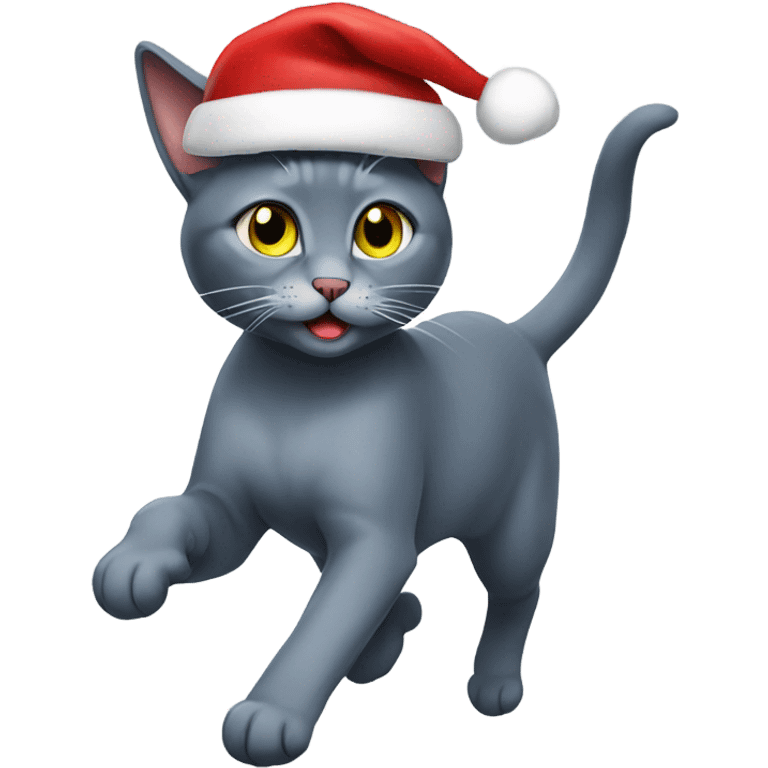 Running Russian blue cat wearing a Santa hat  emoji