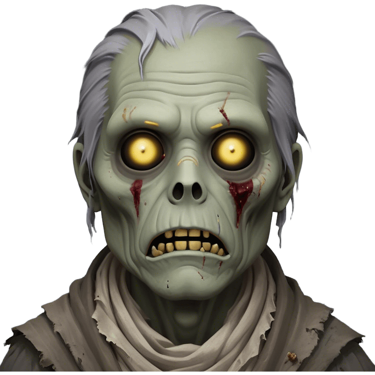 Cinematic Noble Zombie Portrait Emoji, Surprisingly dignified and somber, with a decaying yet strangely regal visage in ashen grays and muted tones, draped in tattered attire hinting at a lost grandeur, simplified yet meticulously detailed, glowing with a soft, eerie radiance and a gentle outline that evokes the tragic nobility of the undead! emoji