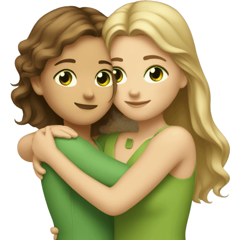 Two girls hugging: one has brown hair and brown eyes, and the other is blonde with green eyes. emoji