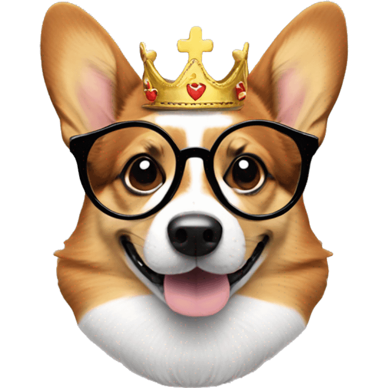 Tri-colored-corgi with round glasses and a crown  emoji