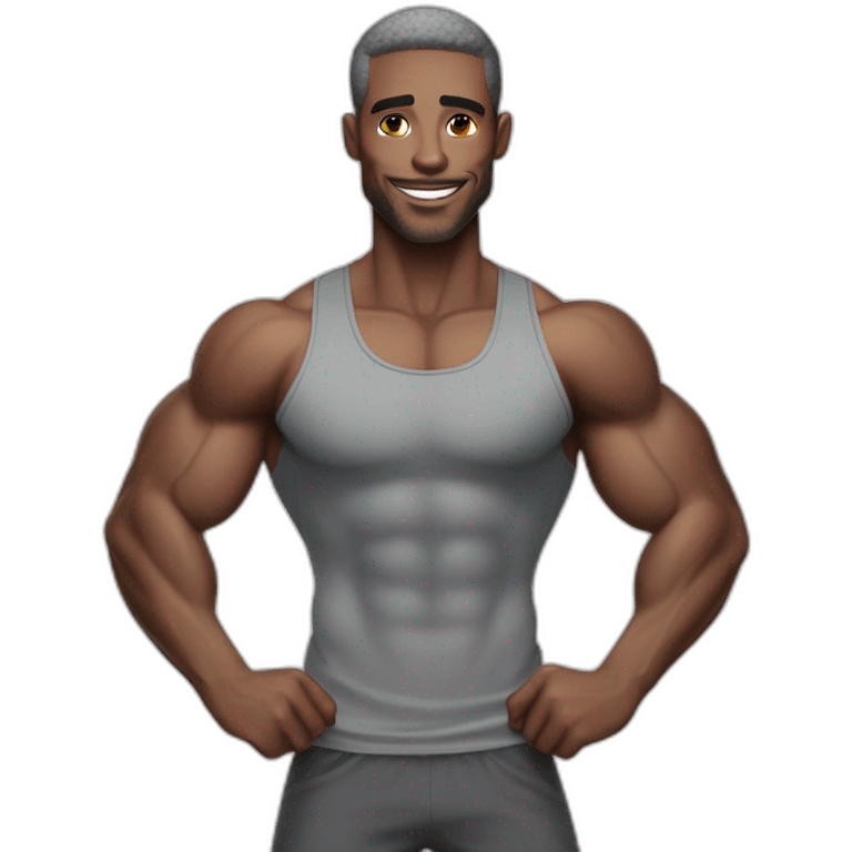 Buff skinny man with gray skin posing for Instagram fitness model emoji