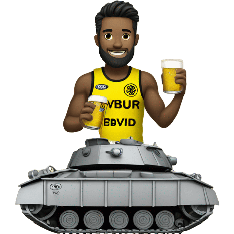 A bvb dortmund themed tank with a fan on top holding a beer.  emoji