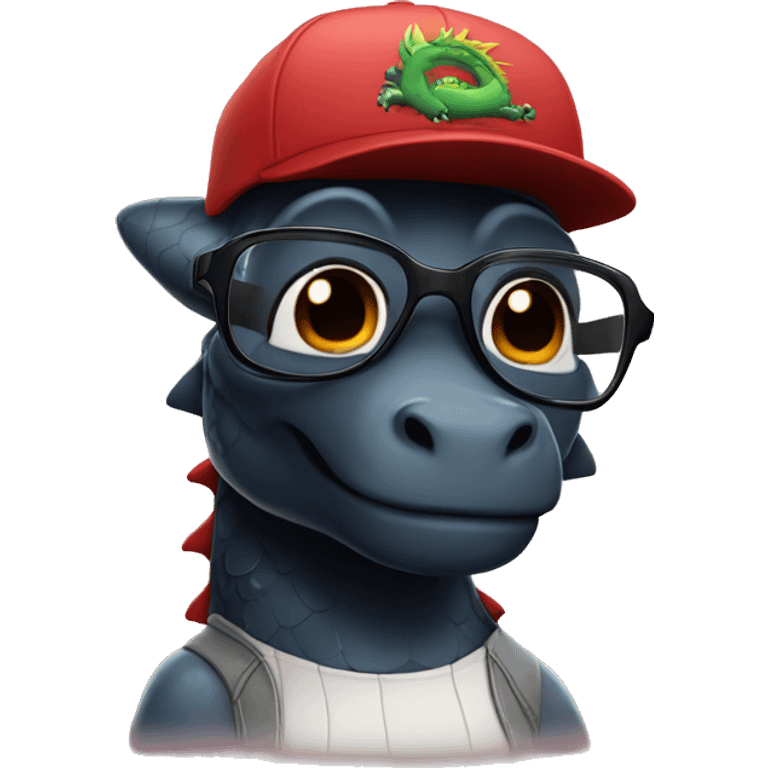 Cute black dragon in square glasses and baseball cap emoji