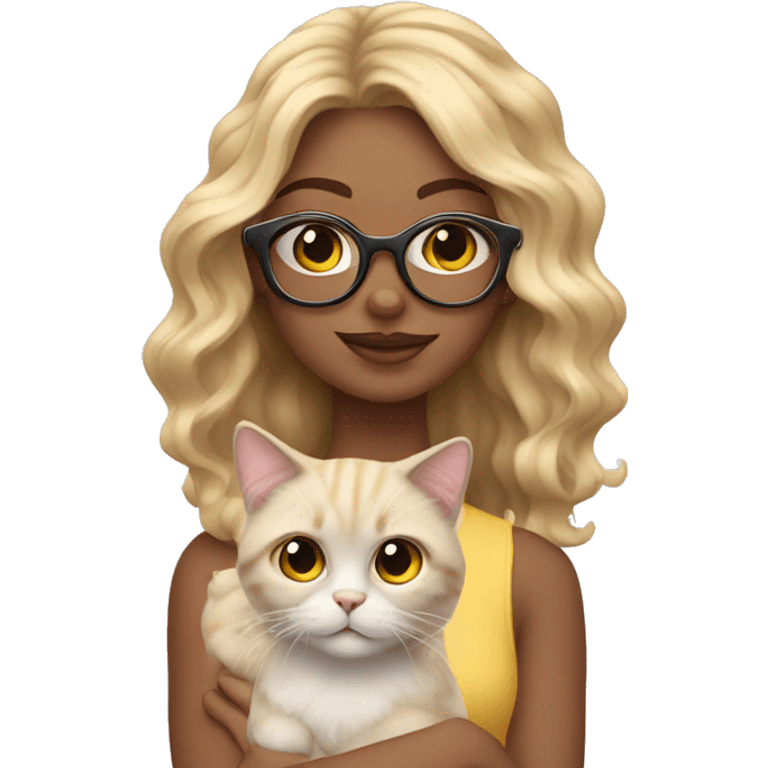 That girls vibe. Blond girl with glasses and wavy hair holding a cat emoji