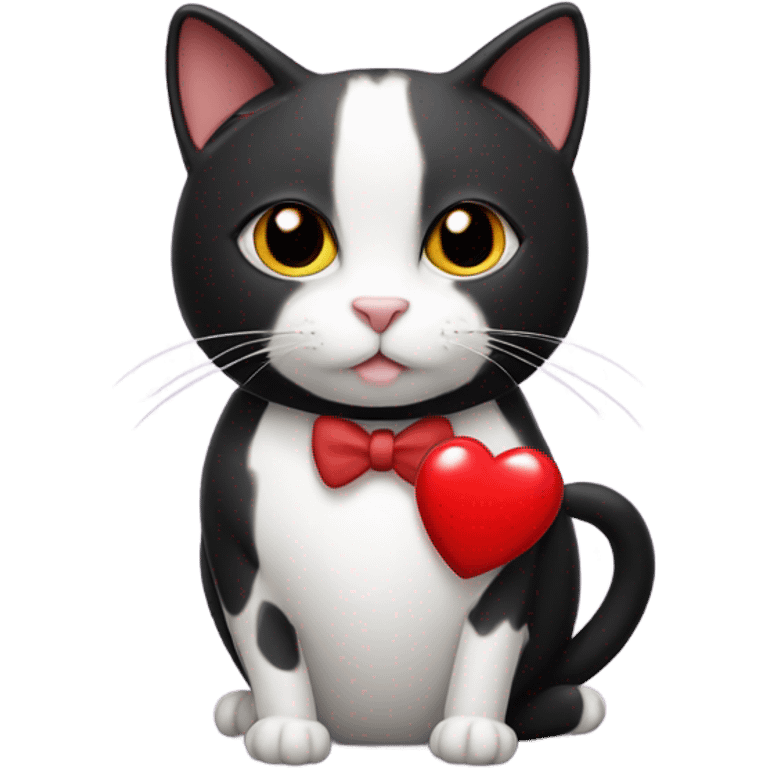 Tuxedo cat with black mole on his right cheek, holding a heart emoji