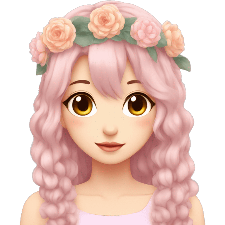 Gorgeous Pastel Anime Lady with blushing face and pretty hair with a flower crown aesthetic trending style emoji