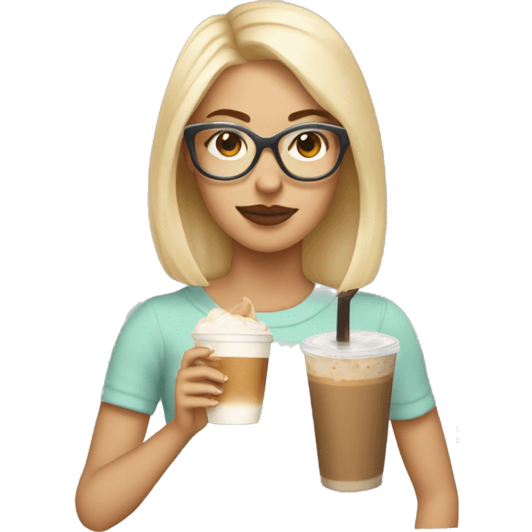 girl with blonde hair and transparent glasses drinking a dirty iced chai latte  emoji