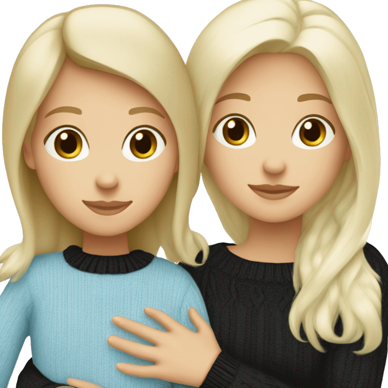 Blonde caucasian girl wearing light blue sweater ,hugging, black-haired Caucasiangirl wearing black sweater emoji