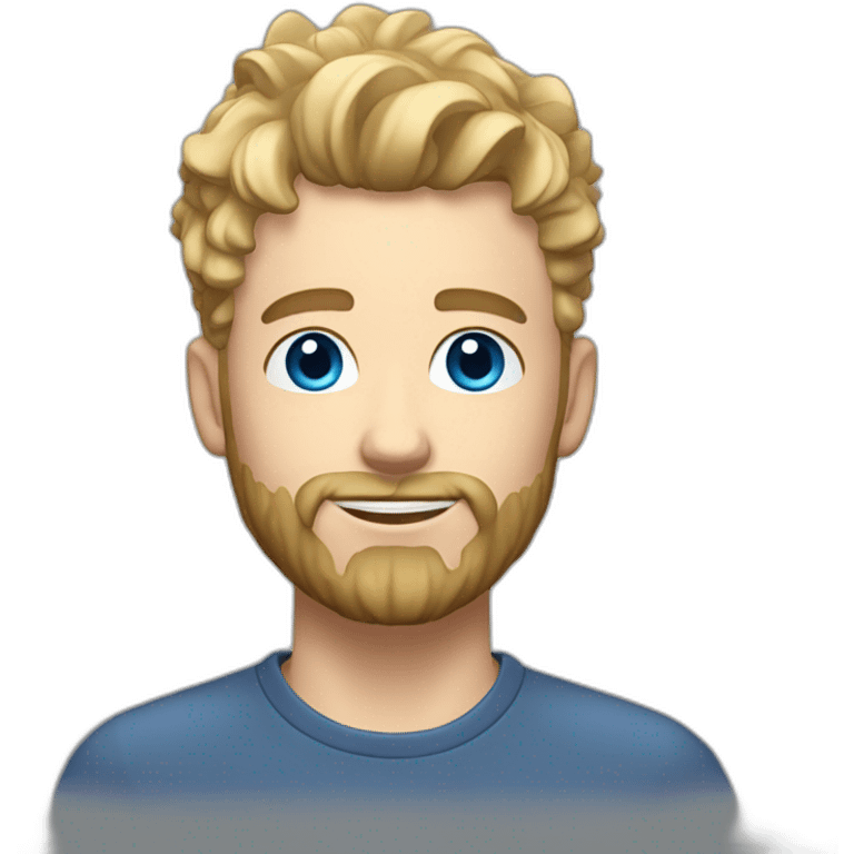 blond guy with taper fade, messy curly tiktok guy front and top of hair and dark blonde beard and blue eyes emoji