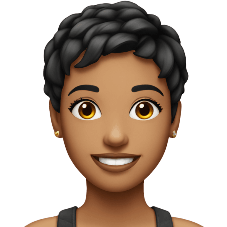 young pretty woman short pixie cut smiling, black hair emoji