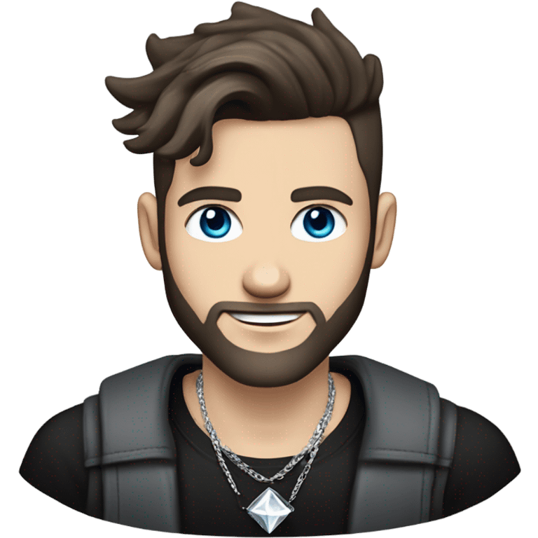 Younger white male that has grey blue eyes, dark brown hair with grey on the sides, a beard, and tattoos. He is wearing a diamond coated white gold necklace and a black punk band t-shirt while waving hello emoji