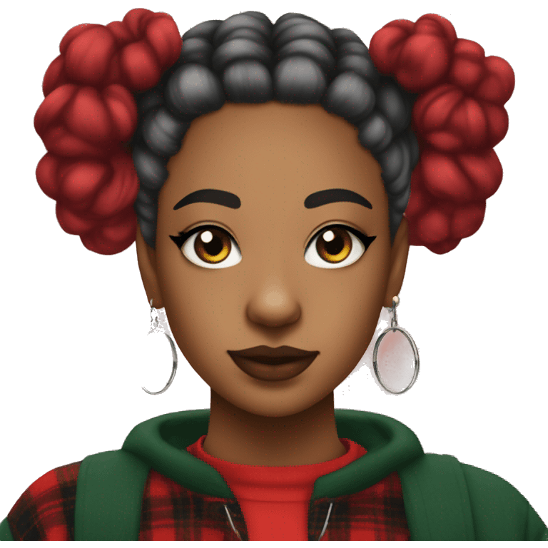 Trans girl with dark green space buns wearing a red flannel and hoop earrings wearing cat eye liner emoji