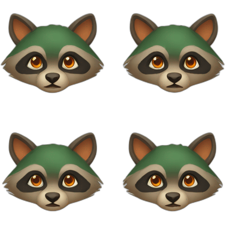 brown raccoon with orange eyes and a dark green hood that is smiling emoji