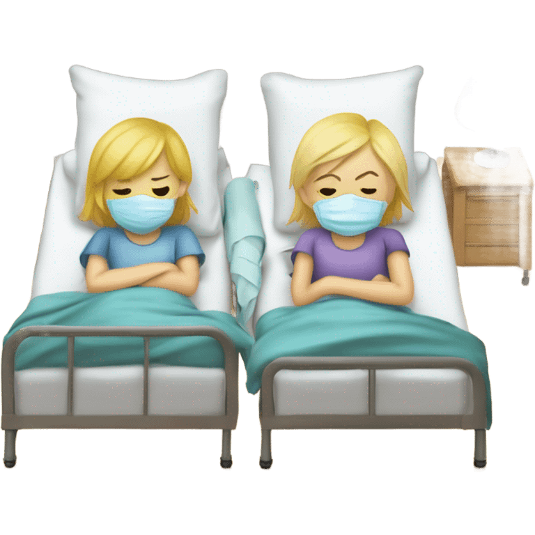 Two blonde children, sick, each in their own bed, wearing surgical masks, one Boy, one girl, at home, get well soon sign with yellow heart emoji