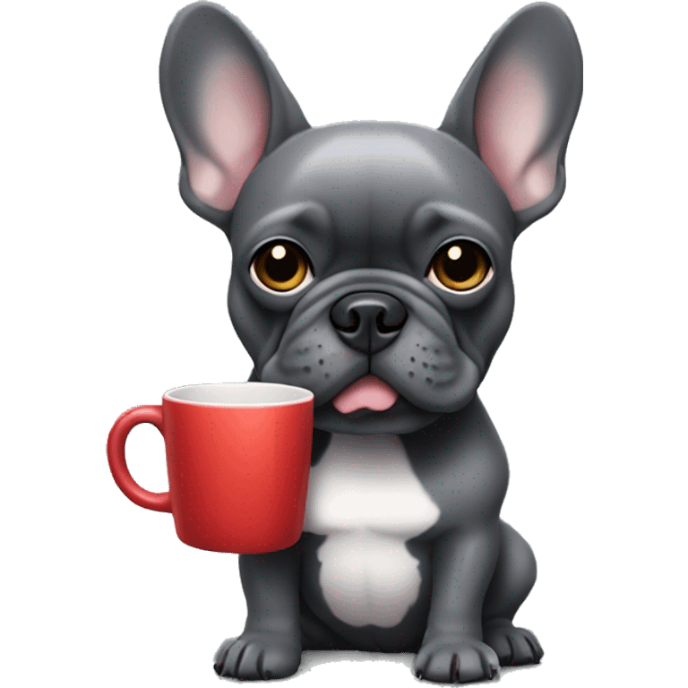 dark grey french bulldog holding a mug emoji