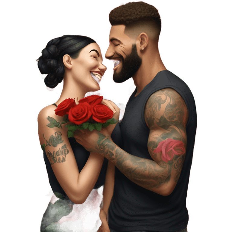 Hyper Realistic beautiful woman smells bouquet of bright red roses laughing with handsome tattooed man  emoji