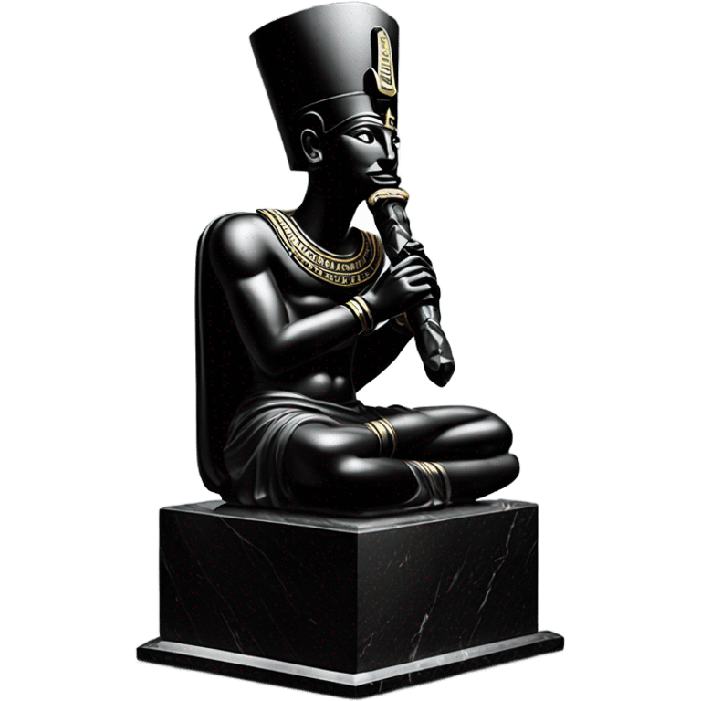 Osiris crook and flail obsidian statue on granite 30 ton brick, massive size, sunlight behind, sunset colors, reflections on black stone polished clean perfect, photography angles emoji