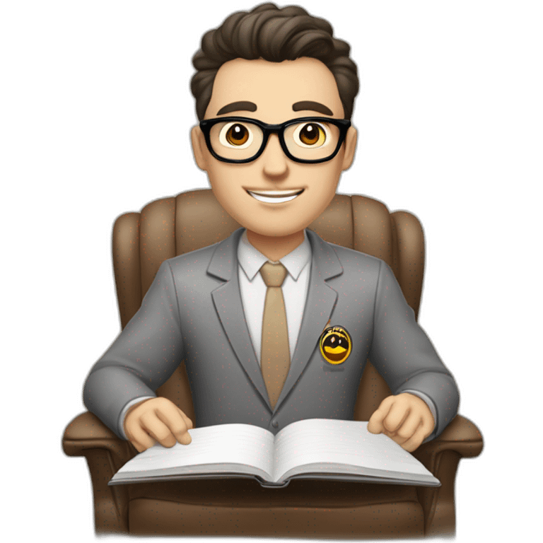 Pale skinned Fit Man With dark brown hair in gray jacket, beige office shirt and vintage glasses sitting In a soft chair with a notebook with emblem Ψ and a pen in his hands emoji