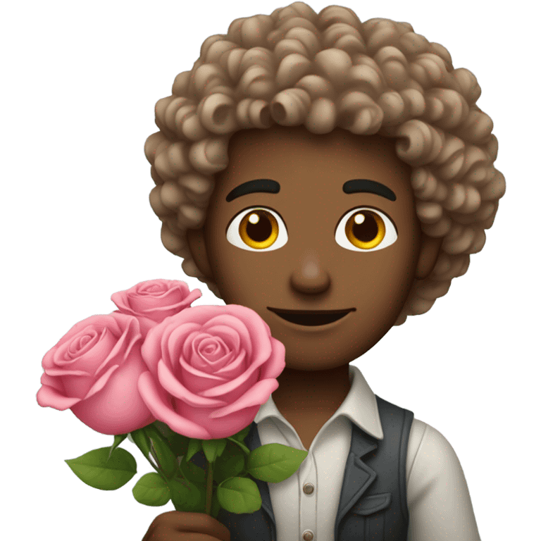 White man with curly hair carrying a bouquet of roses emoji