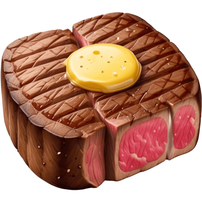 Cinematic thick-cut steak, perfectly seared with grill marks, a juicy pink center, butter melting on top, rich and savory, warm glow, sizzling and mouthwatering, highly detailed and appetizing. emoji