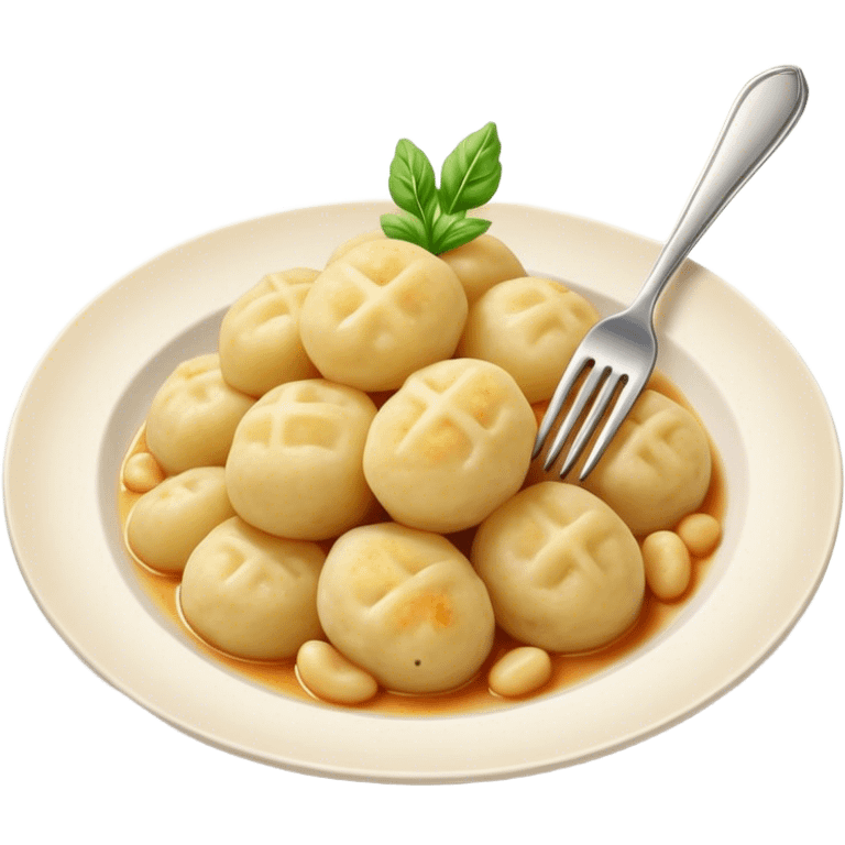 Gnocchi Cinematic Realistic Gnocchi Dish Emoji, depicted as tender potato dumplings garnished with iconic fork marks on top, rendered with soft textures and warm, inviting lighting. emoji