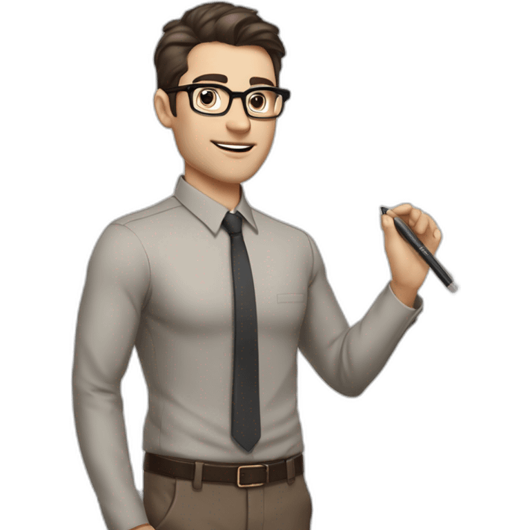 Pale skinned fit man with dark brown hair in gray jacket, beige office shirt, brown tie, brown pants and vintage glasses Writing on the marker board emoji