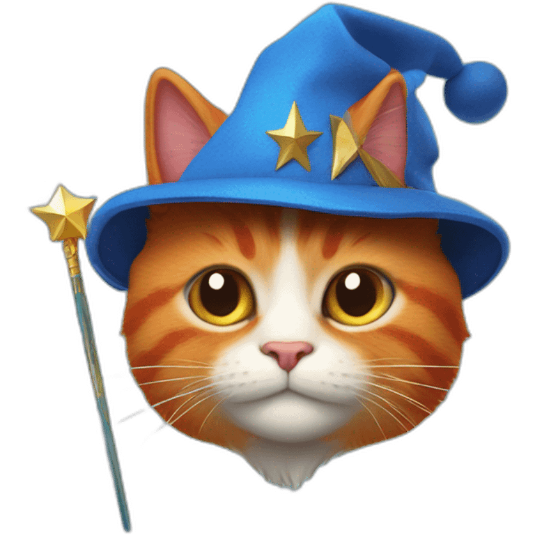 Red cat in a blue triangular cap and with a magic wand emoji