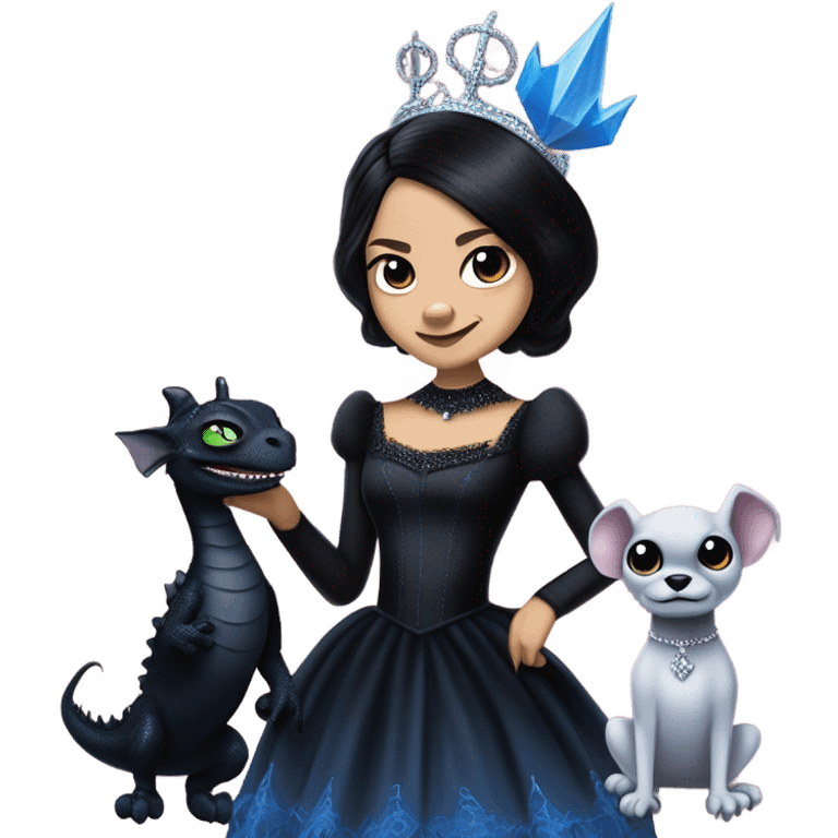 relaxed low-cut slinky black evening ball gown with lace gloves, Jenna Ortega as Wednesday Addams wearing a mini diamond tiara showing off a cute blue horned dragon ventriloquist puppet emoji