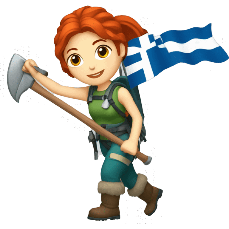 female mountaineer red hair holding ice axe and greek flag emoji