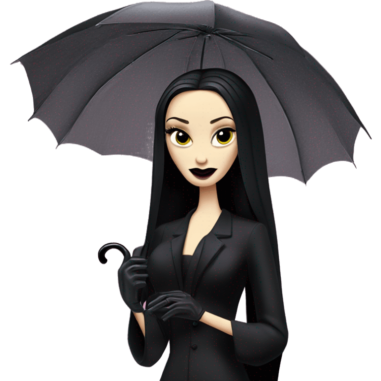 Teen Morticia Addams at a rainy funeral holding umbrella. funeral veil,gloves, holding small clutch.Palm Beach Honey Barbie  emoji