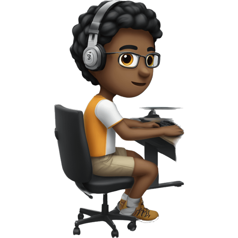 white boy with dark hair and lasses wearing gaming headset and sitting at desk on desktop computer   emoji