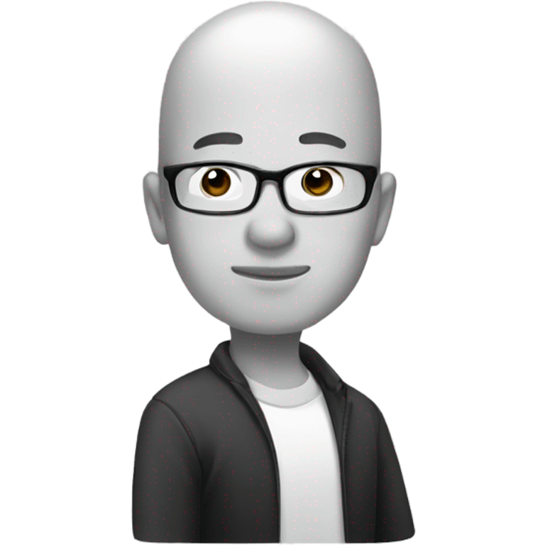  a 35-year old, male, bald, thinking Asian man with hand on chin, wearing glasses emoji