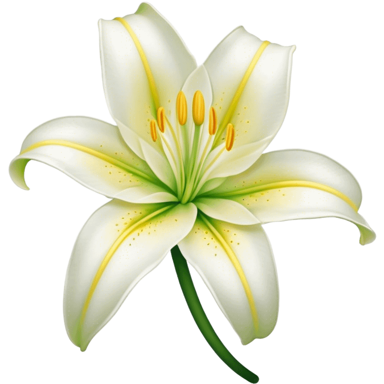 Cinematic Realistic Lily Emoji, Elegant and fragrant, with soft, white petals curling delicately around a golden-yellow stamen at its center. The long, slender green stem stands tall, supporting the vibrant bloom with its slightly curled tips. Soft glowing outline, capturing the essence of purity, elegance, and grace in a striking lily. emoji