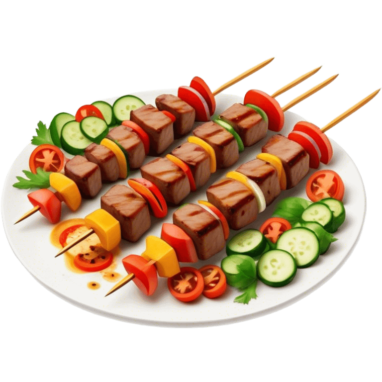 Cinematic Realistic Shish Kebab Dish Emoji, showcasing skewered, grilled meat with vibrant vegetables rendered with dynamic textures and warm, inviting lighting. emoji